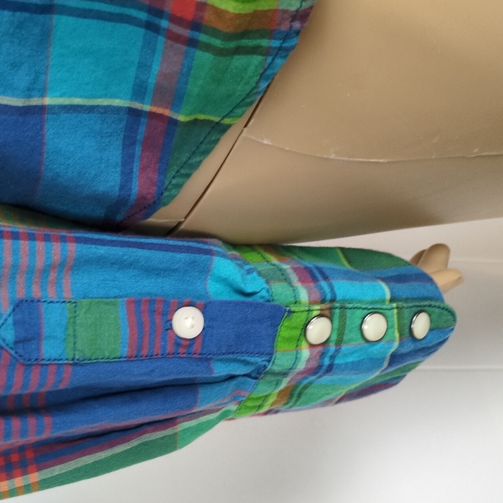 Ralph Lauren Colorful Green & Blue Plaid Snap Button-Up Shirt Large - Picture 8 of 11